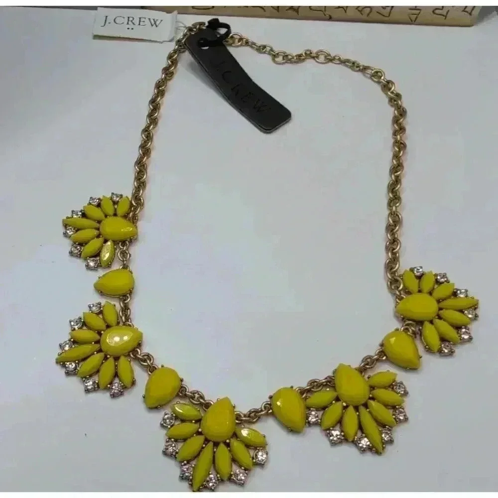 NWT J.Crew Chartreuse Yellow Floral Statement Necklace - Crystal Accents